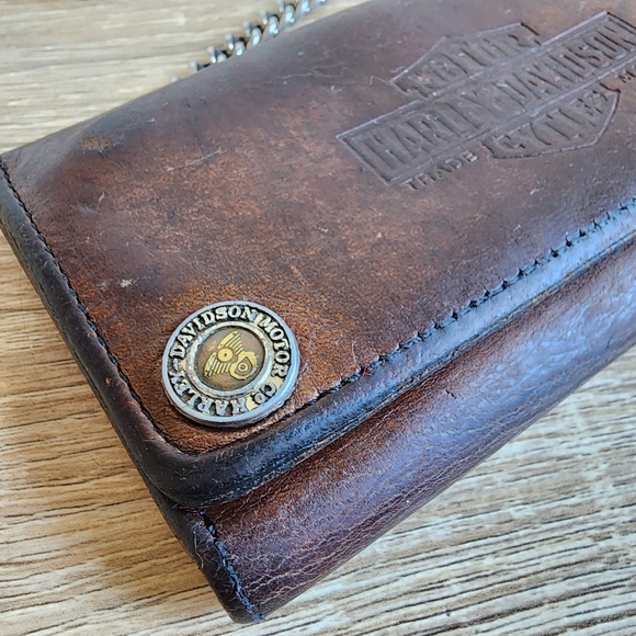 VINTAGE HARLEY DAVIDSON Motorcycle Tri Fold long Brown Leather Wallet & Chain - Picture 3 of 16